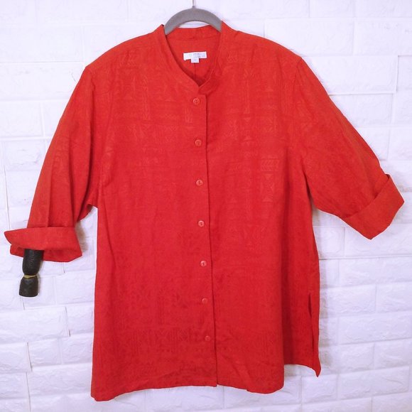 Erin London Top Linen Mandarin Shacket Tunic 2X Textured 3/4 Sleeves Orange - Picture 1 of 11